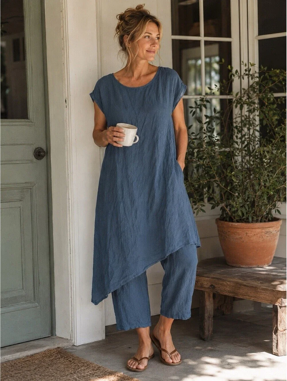 Niche Nilgun Derman Seersucker Women’s Sz XL Lagenlook Matching Tunic + Pant Set